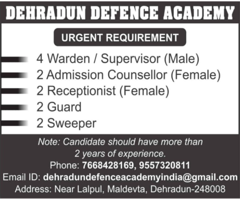 Urgent Requirement In Defence Academy